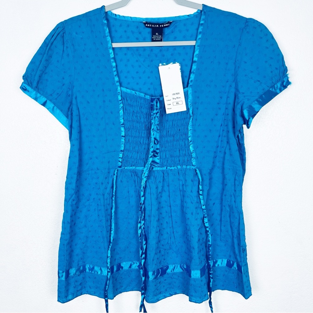 NWT antilia femme size XL blue eyelet smocked blouse